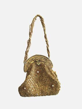 Antique Gold Beaded Purse Bag Brass Frame Silk Lining